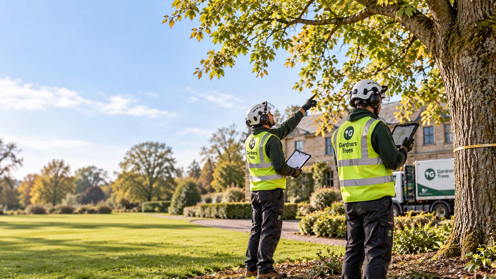 photo of tree surgeons at surveying a tree for a report